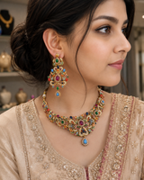 Navratan necklace earrings set in gold plating ( READY TO SHIP )