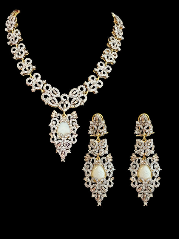 DNS158  Cz necklace with earrings in mother of pearl , gold plated ( READY TO SHIP )