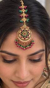 Gold-Plated Silver Ruby Emerald Maang Tikka ( READY TO SHIP )