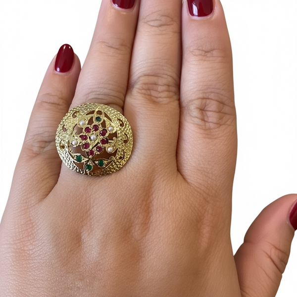 Ruby Emerald Freshwater Pearl Adjustable Ring – Gold-Plated 92.5 Silver ( READY TO SHIP )