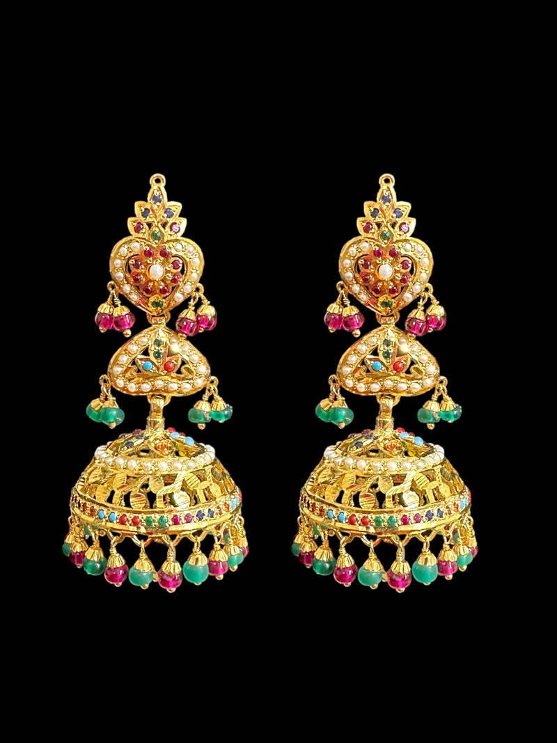 Ruby emerald with pearl gold plated silver jhumka ( READY TO SHIP )