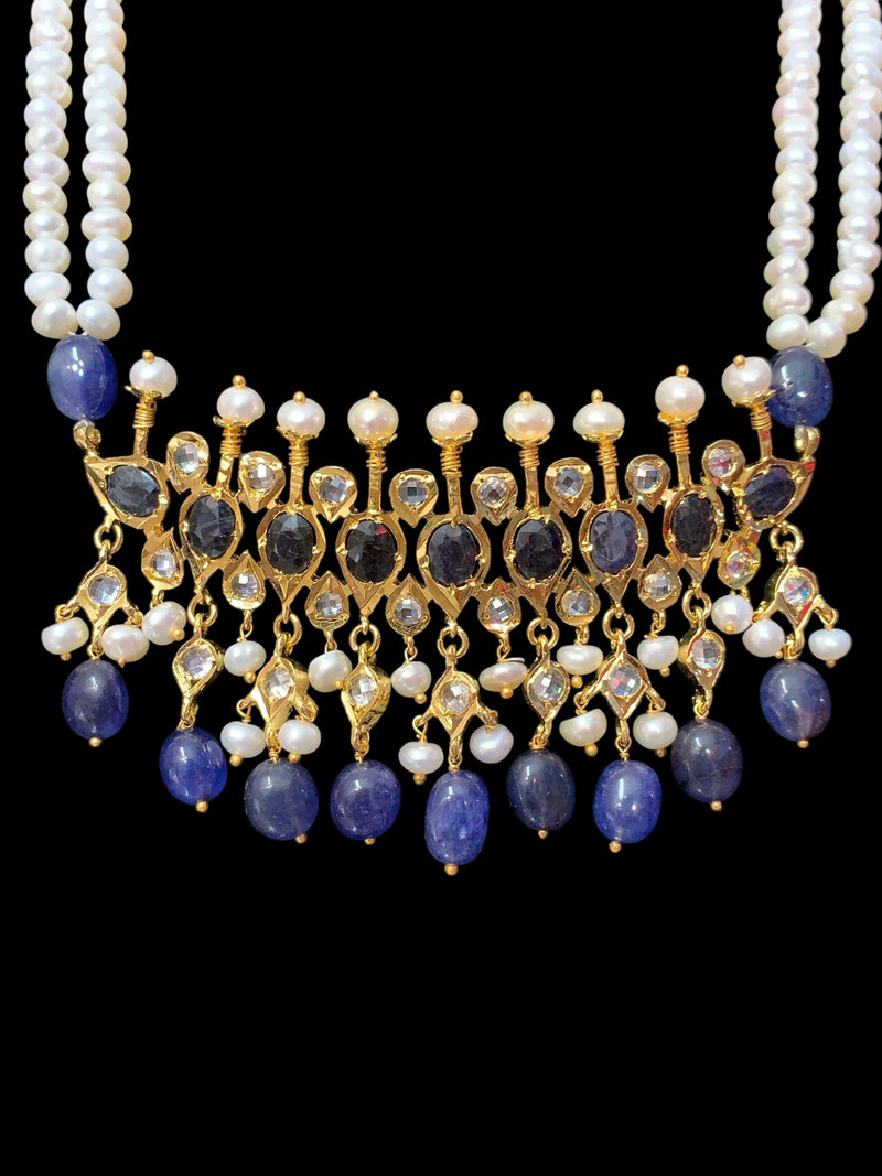 Tirmani Necklace Set with chandbali Earrings – 22K Gold-Plated Jewelry with Freshwater Pearls and sapphire 
 ( SHIPS IN 4 WEEKS  )