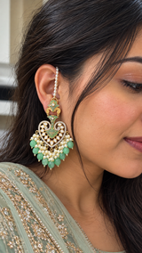 ERS82 Gold-Plated Meenakari Chandbali Earrings with Pearl Ear Support - Green ( READY TO SHIP)