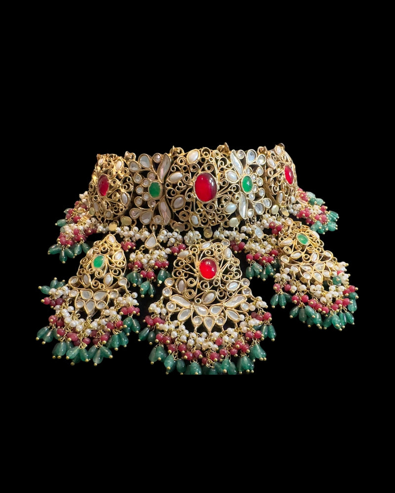 Ruby, Emerald & Pearl Gold-Plated bridal Choker Set | Semi-Precious Stones | Bridal Jewelry ( READY TO SHIP )