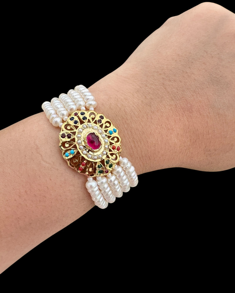 Navratan Gold-Plated Silver Bracelet with Freshwater Pearls ( READY TO SHIP )