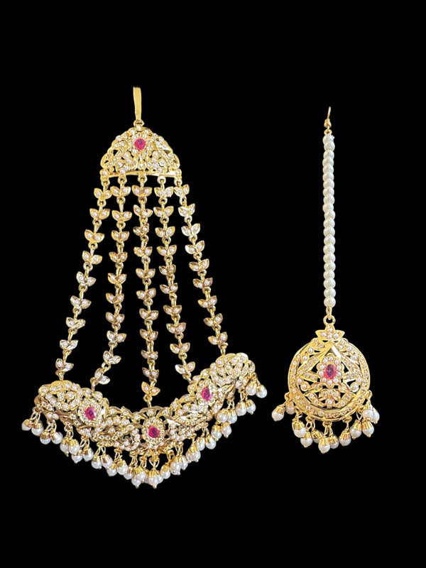 Ruby pearl and zircon jadau bridal jhoomar tika ( SHIPS IN 4 WEEKS )