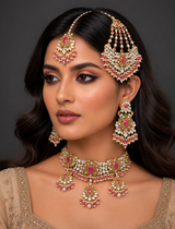BR595 Bridal Choker Set in  Ruby & Shell Pearls | Gold-Plated | Earrings + Jhoomar + Tikka ( READY TO SHIP )