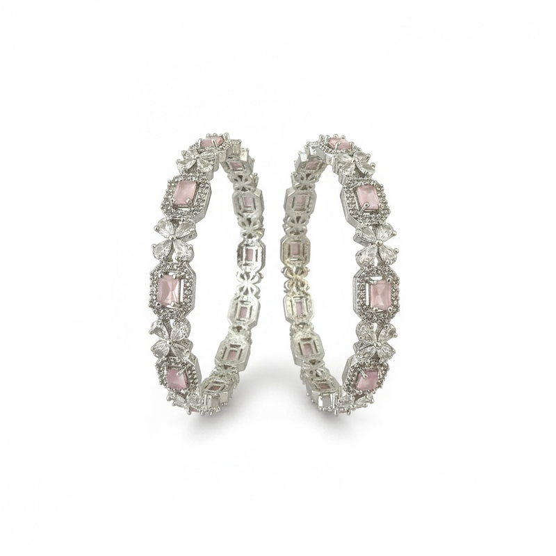 B814 Silver Plated Bangles in Clear and Pink Cubic Zirconia ( READY TO SHIP )