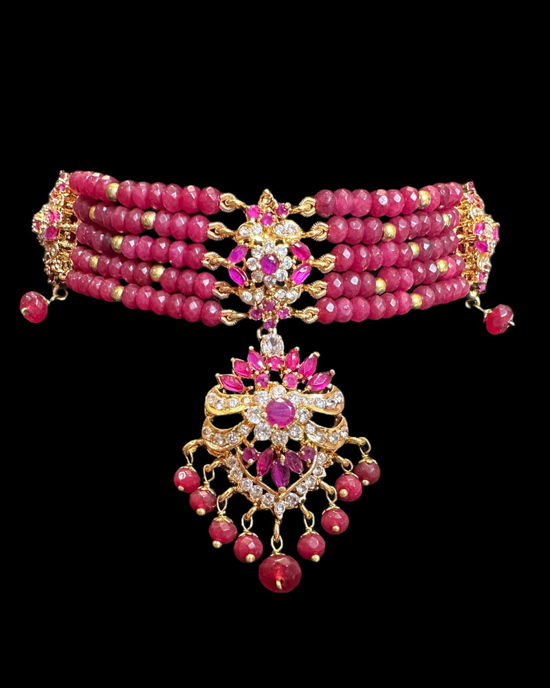 C576 Zarifa Ruby zircon Gold-Plated Choker with Earrings ( READY TO SHIP )