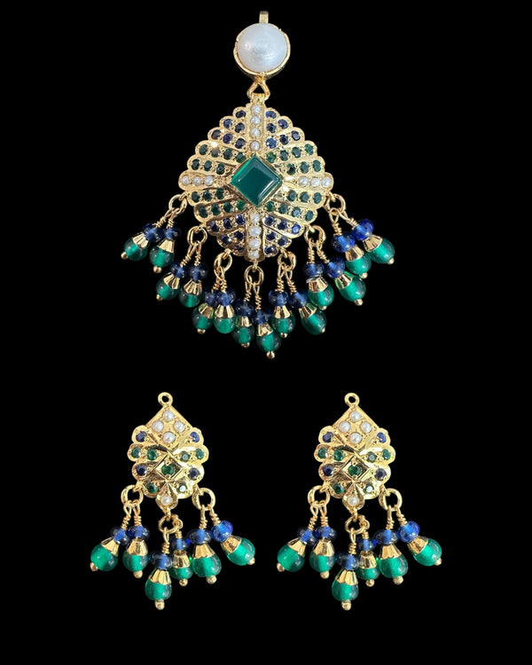 Emerald, Sapphire & Pearl Pendant Set – Gold-Plated 92.5 Silver ( READY TO SHIP )
