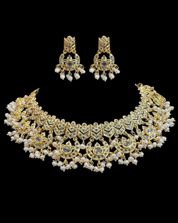 DNS216 Gold-Plated Necklace Set with Freshwater Pearls & CZ Polki | Intricate Bridal & Party Jewelry ( READY TO SHIP )