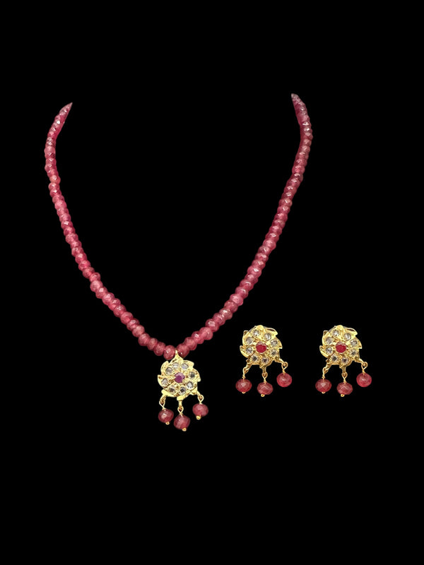 PS390 Sara flower pendant set with earrings in ruby beads ( SHIPS IN 4 WEEKS )