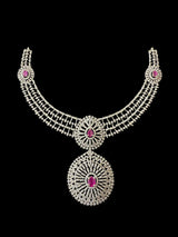 DNS172 Cz necklace set with earrings tika  silver plated - Ruby centre stone    (READY TO SHIP)