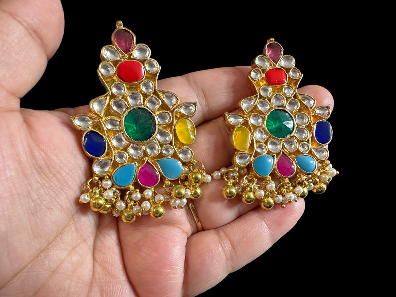 ET501  Amrutha Kundan navratan earrings ( READY TO SHIP)