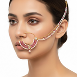 Handcrafted Kundan & Pearl Nosering with Double Chain – Non-Pierced Bridal Nath ( READY TO SHIP )