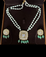 PS561 Hyderabadi pendant set with high quality zircon stones and light green beads ( SHIPS IN 2 WEEKS )