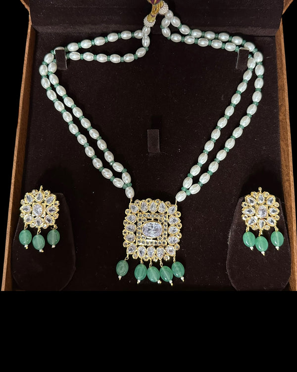 PS561 Hyderabadi pendant set with high quality zircon stones and light green beads ( READY TO SHIP )