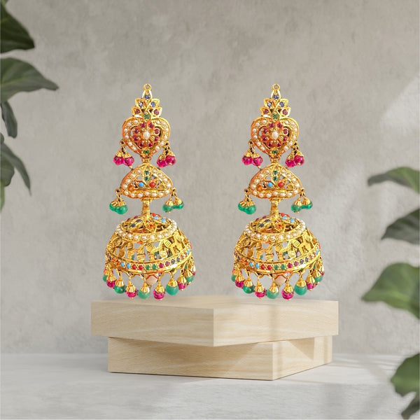 Ruby emerald with pearl gold plated silver jhumka ( READY TO SHIP )
