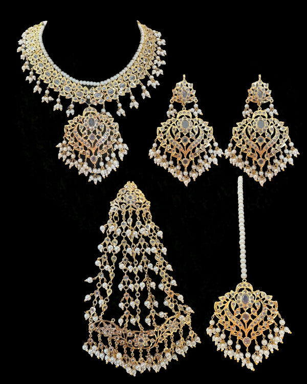 Ekta Gold-Plated Bridal Set with Earrings, Tika & Jhoomar –Pearls ( READY TO SHIP )