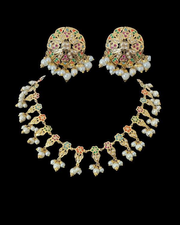 DNS193  Alea punjabi Jadau necklace  set - Navratan   (READY TO SHIP)