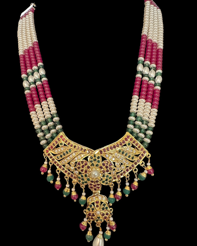 DNS207 Jadau necklace with earrings in ruby emerald zircon and real pearls ( READY TO SHIP )