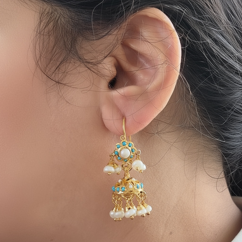 Gold-Plated Silver Turquoise & Freshwater Pearl Jhumka Earrings ( READY TO SHIP )