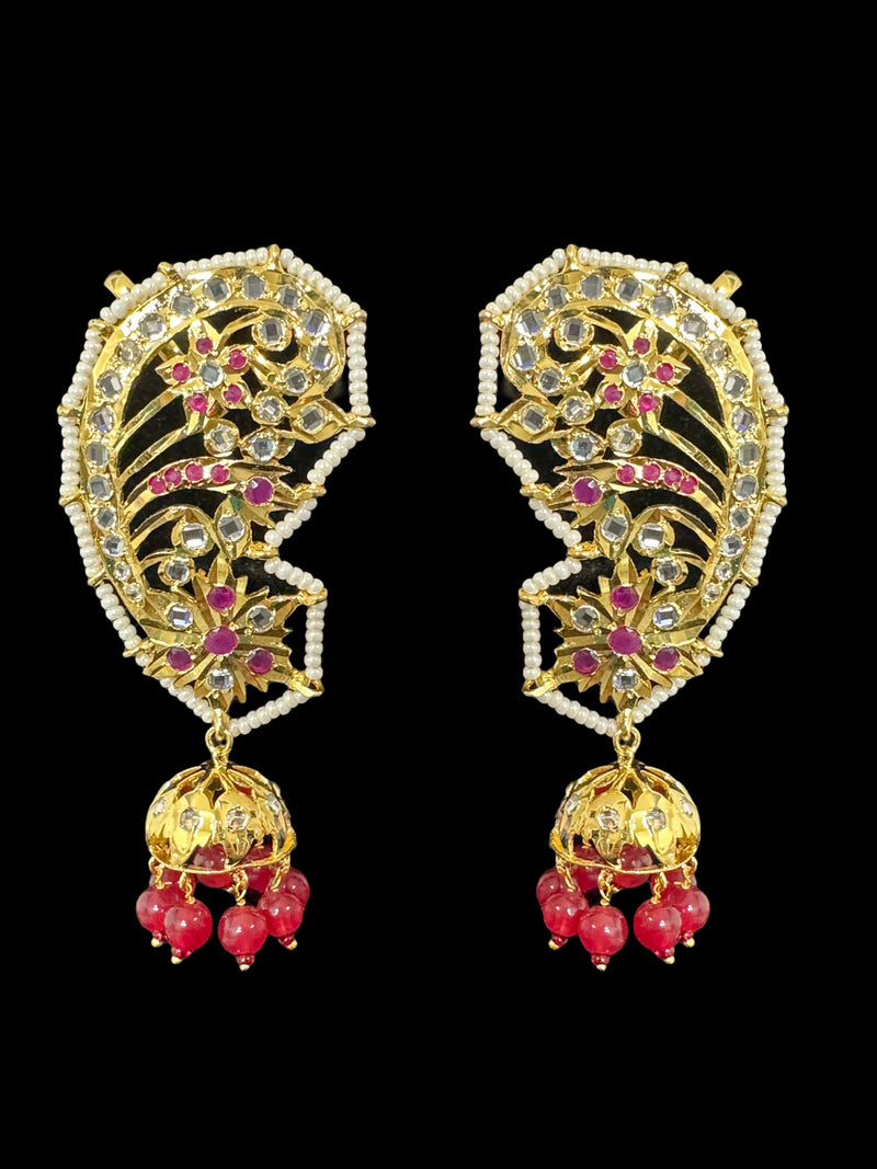 DER534 Kaan phool jhumka earrings in ruby ( READY TO SHIP )