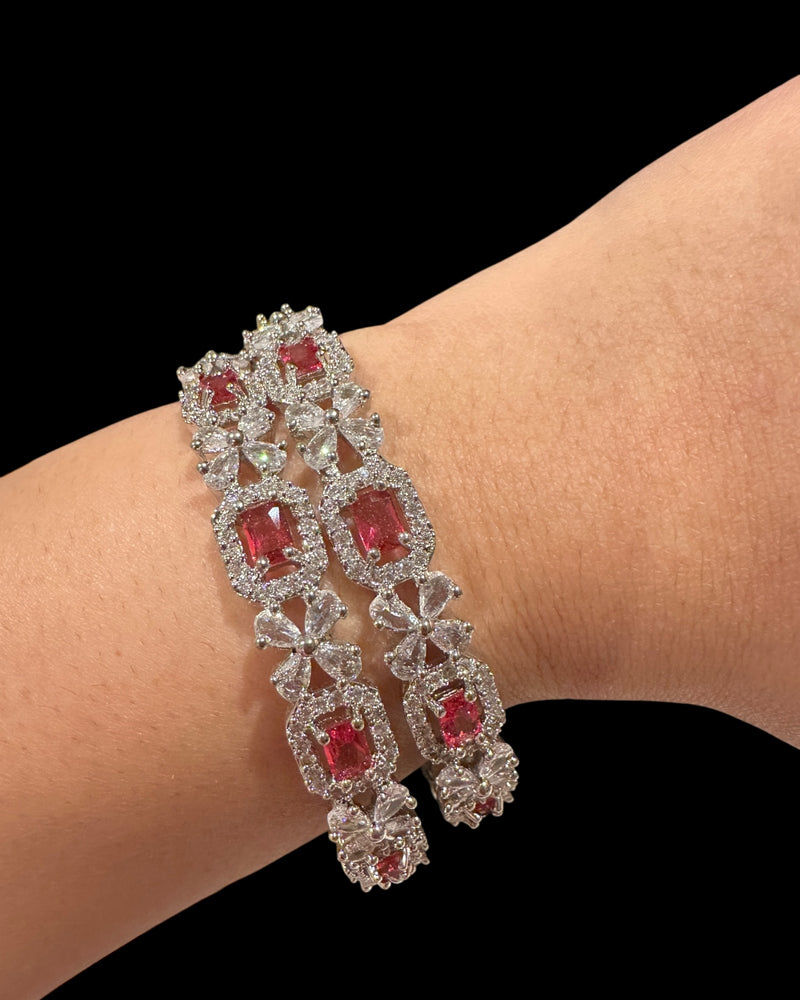 B817 Silver Plated Bangles in Clear and Ruby Cubic Zirconia ( READY TO SHIP )