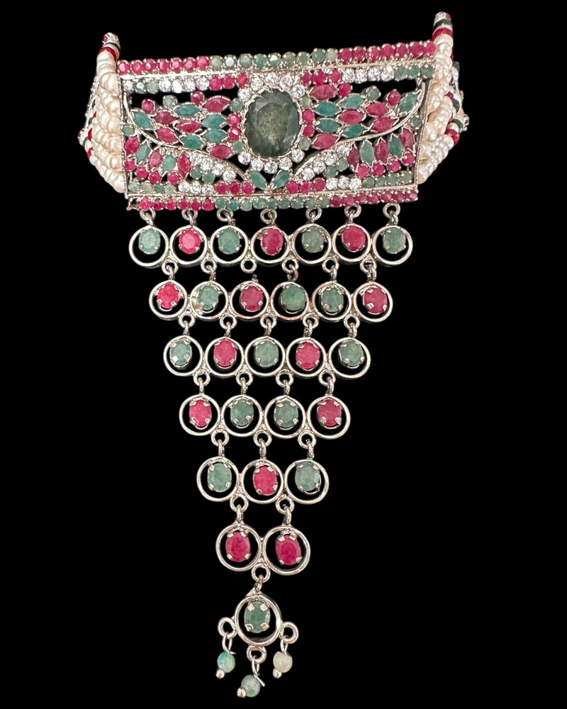 C578 Silver-Plated Ruby & Emerald Choker Set with Earrings ( READY TO SHIP )