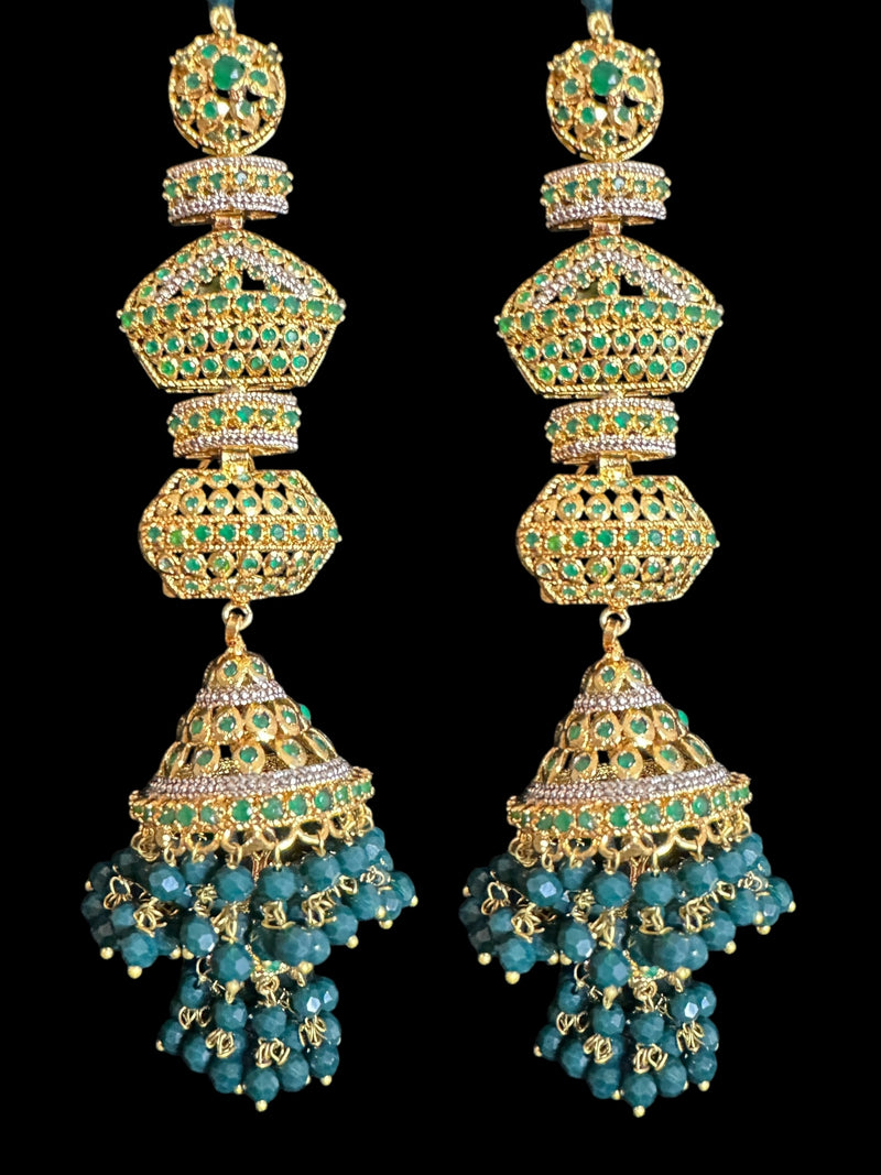 DER775 - zircon jhumka with green beads ( READY TO SHIP )