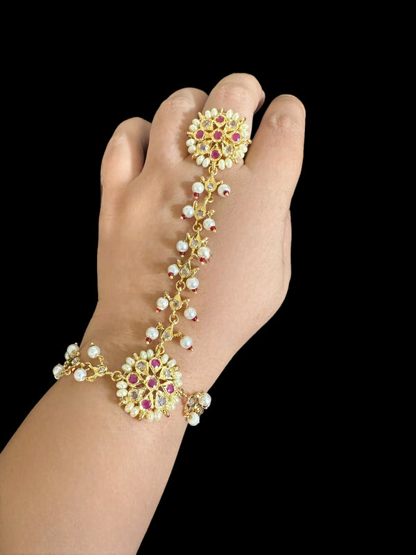 Haathphool in pearls and Polki - ruby (READY TO SHIP )