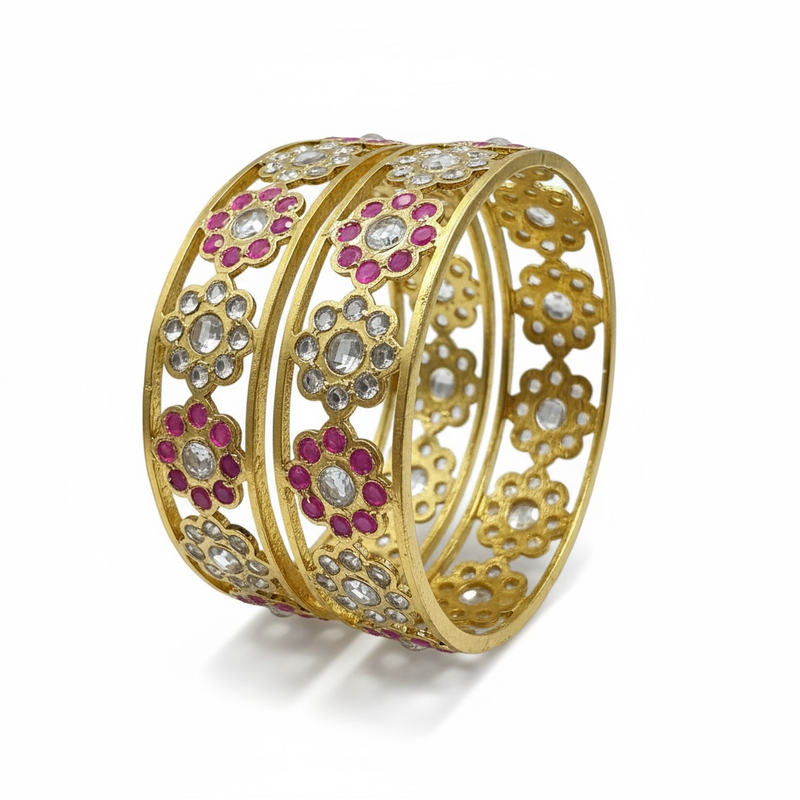 Indu Gold-Plated CZ Polki Bangles – Ruby & Clear Combination (Set of 2) ( READY TO SHIP )