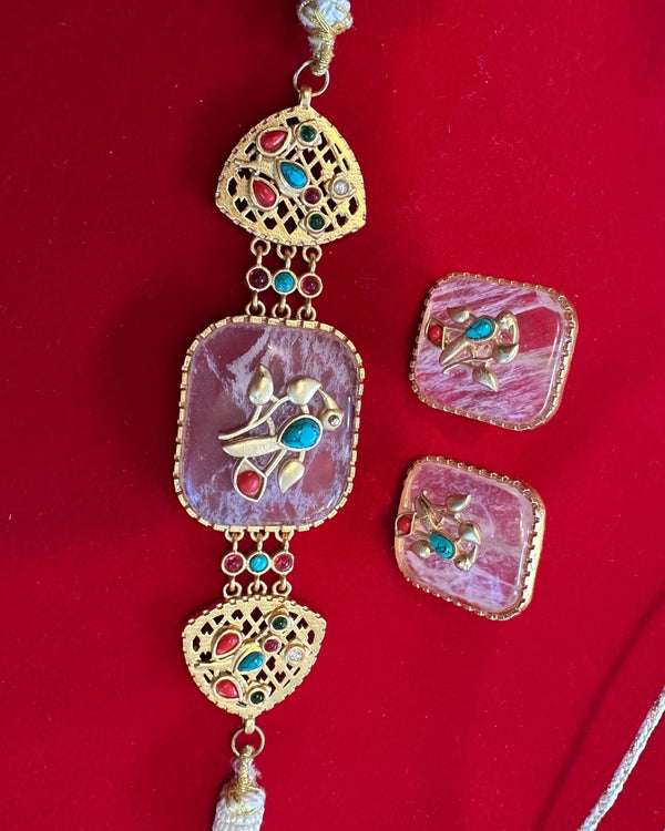 C583 Rose Quartz Choker Necklace with Earrings – Gold Plated ( READY TO SHIP )