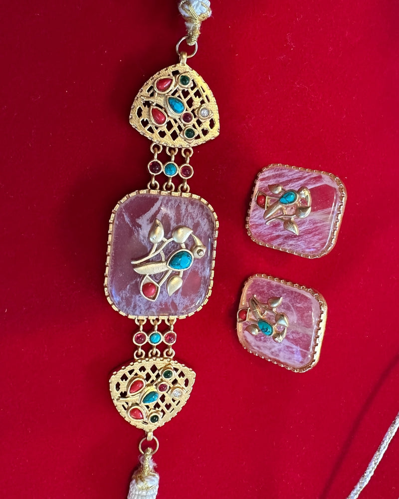 C583 Rose Quartz Choker Necklace with Earrings – Gold Plated ( READY TO SHIP )