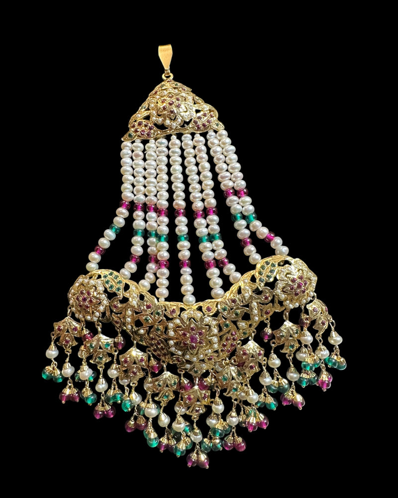 Jadau Jhoomar in Ruby, Emerald & Pearls – Gold Plated 92.5 Silver | Traditional Hyderabadi ( READY TO SHIP )