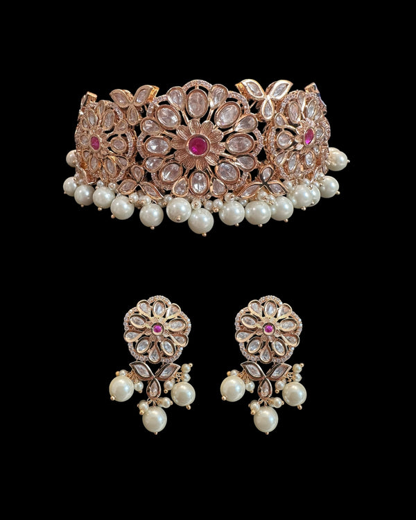 C572 Mirha Ruby and Polki choker with pearls in rose gold plating ( READY TO SHIP )