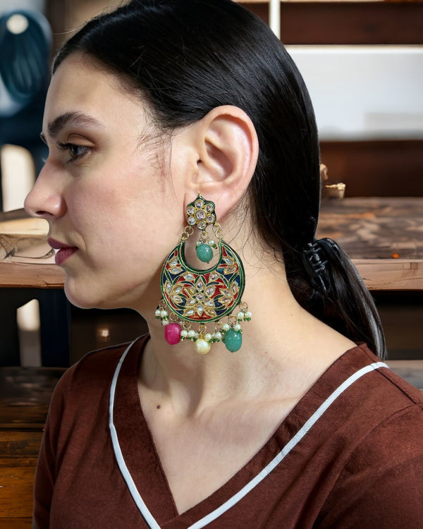 Gold-Plated Kundan Chandbali Earrings with Shell Pearls & Quartz Beads – 2.7” | Meenakari Back | Traditional Indian Jewelry ( READY TO SHIP )