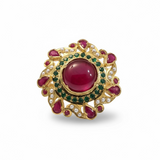 Ruby, Emerald & Freshwater Pearl Gold-Plated Silver Adjustable Ring ( READY TO SHIP )