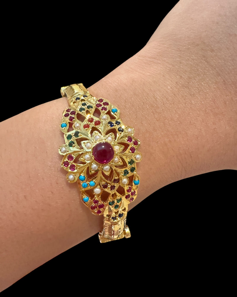 Gold-Plated Silver Navratan Kada with Freshwater Pearls – Openable Screw Design | 92.5 Silver Bracelet ( READY TO SHIP )