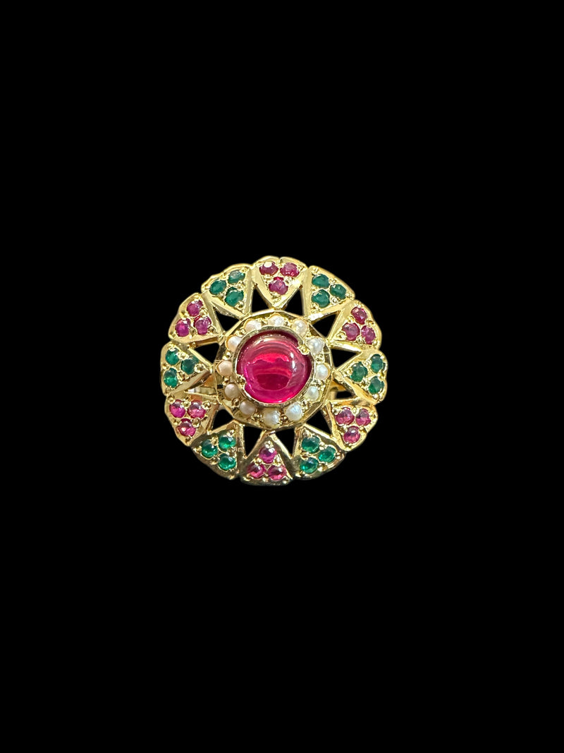 Ruby, Emerald & Freshwater Pearl Gold-Plated Silver Adjustable Ring ( READY TO SHIP)