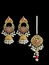 Zara earrings with jhumka and tika set in pearls- ruby emerald combination  ( READY TO SHIP )