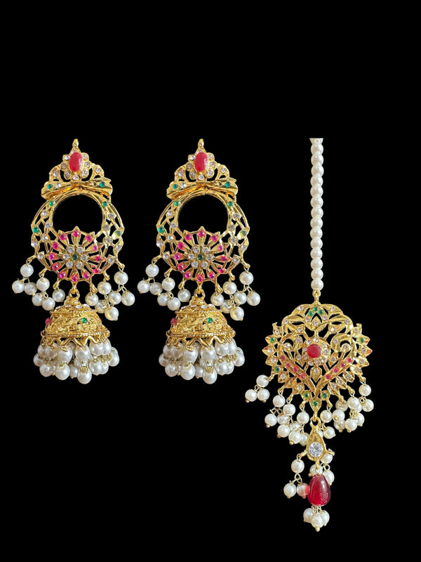 Zara earrings with jhumka and tika set in pearls- ruby emerald combination  ( READY TO SHIP )