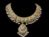 Navratan / Multicolored Jadau Necklace Set in Gold Plated Silver ( READY TO SHIP )