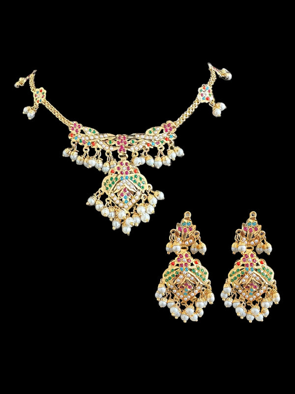 DNS127 jadau necklace in navratan  ( SHIPS IN 4 WEEKS  )