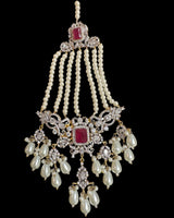 Farhat 💎 Ruby Bridal Choker Set with Earrings & Tika – Gold-Plated with Zircon & Shell Pearls