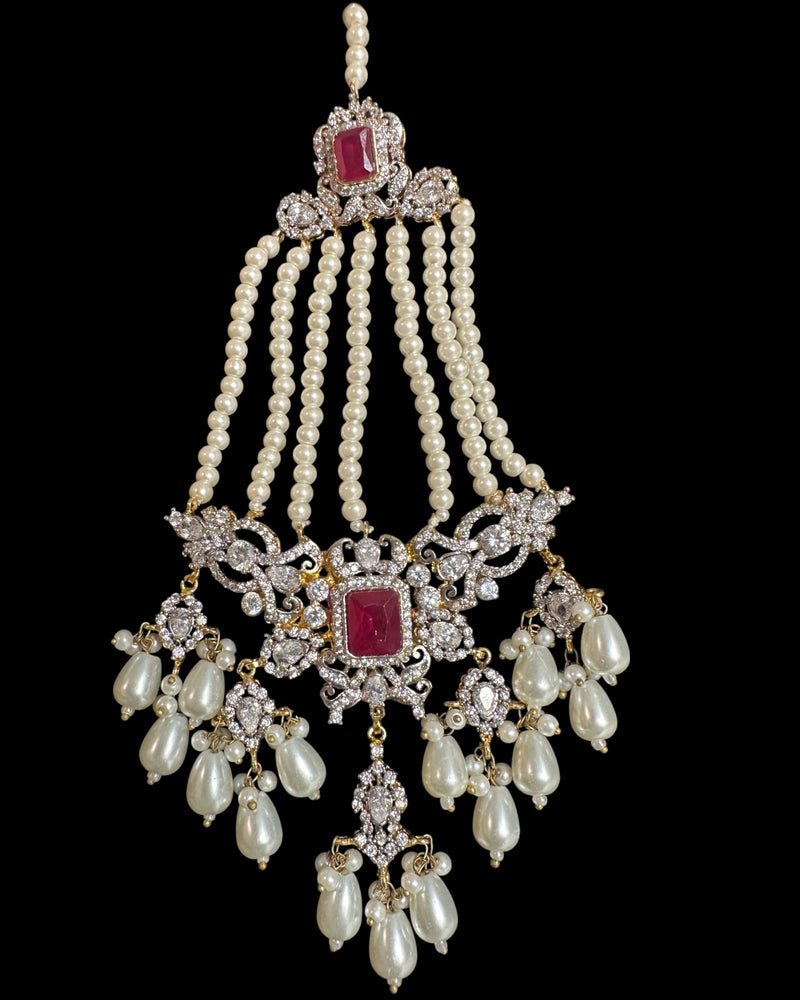 Farhat 💎 Ruby Bridal Choker Set with Earrings & Tika – Gold-Plated with Zircon & Shell Pearls