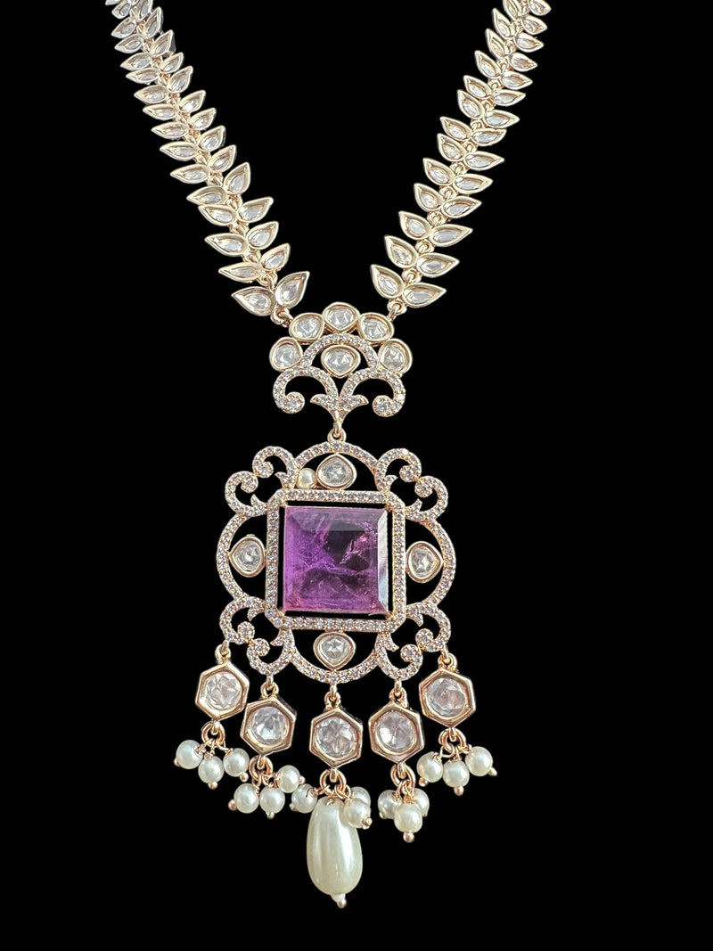 DNS154 Polki necklace set with pearls - PURPLE ( READY TO SHIP )