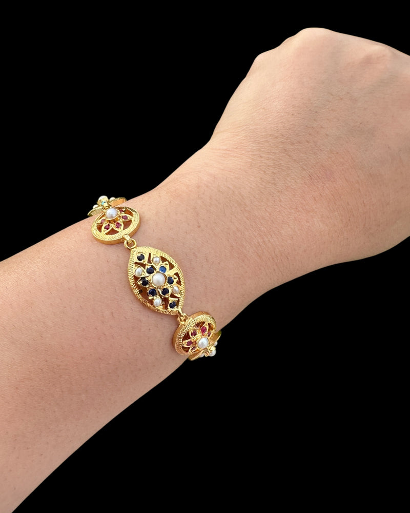 Navratan Gold-Plated Silver Bracelet with Freshwater Pearls ( READY TO SHIP )