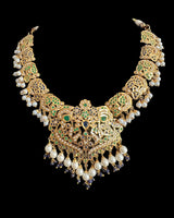 DNS210 Neeli Handcrafted Blue-Green Jadau Necklace Set with Shell Pearls, CZ Stones, Earrings & Tika ( READY TO SHIP )
