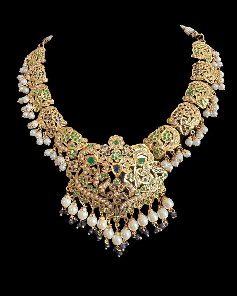 DNS210 Neeli Handcrafted Blue-Green Jadau Necklace Set with Shell Pearls, CZ Stones, Earrings & Tika ( READY TO SHIP )